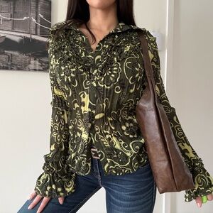 Vintage Boho Ruffle Button-Down Mesh Blouse